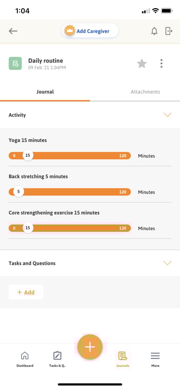 screen capture of the app, adding daily routine